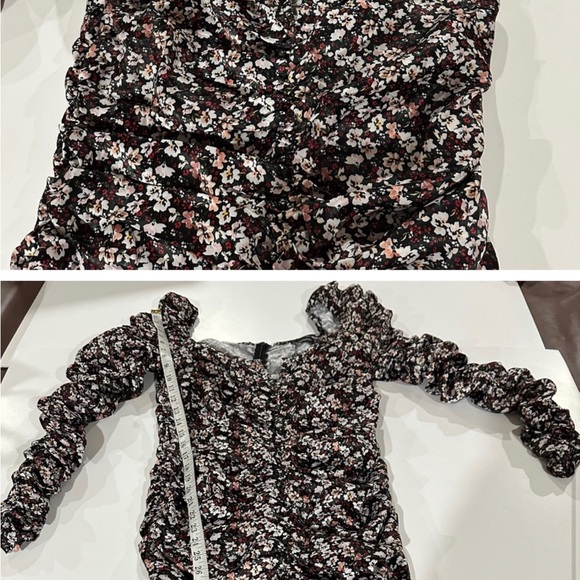 PrettyLittleThing Black Ditsy Floral Print Satin Long Sleeve Ruched Dress Sz 8 - Picture 4 of 4